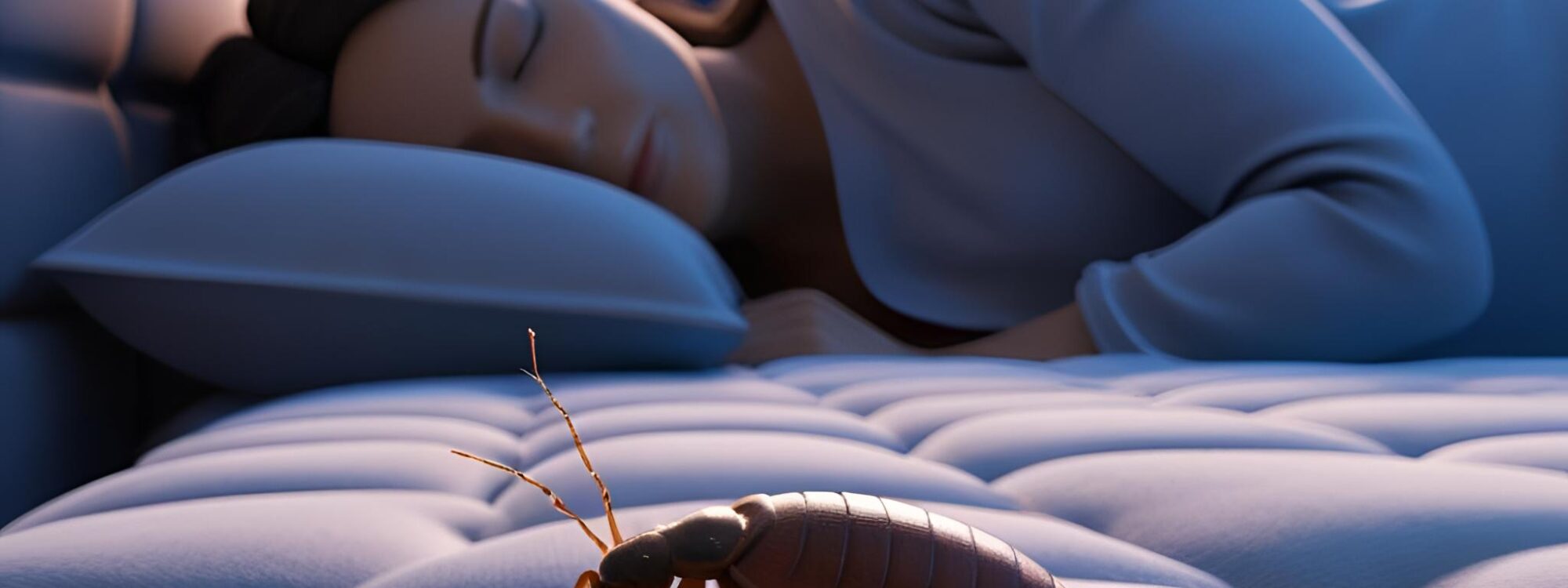 FAIS UNE IMAGE DUNE PETITE PUNAISE DE LIT QUI SORT LA NUIT POUR PIQUER UNE FEMME QUI DORS EN 3D 2000X750 | Allo nuisible Comment identifier les piqûres de punaises de lit ? Haguenau